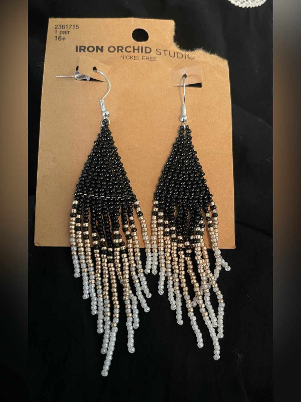 New- Black and Gold Beaded Fringe Earrings